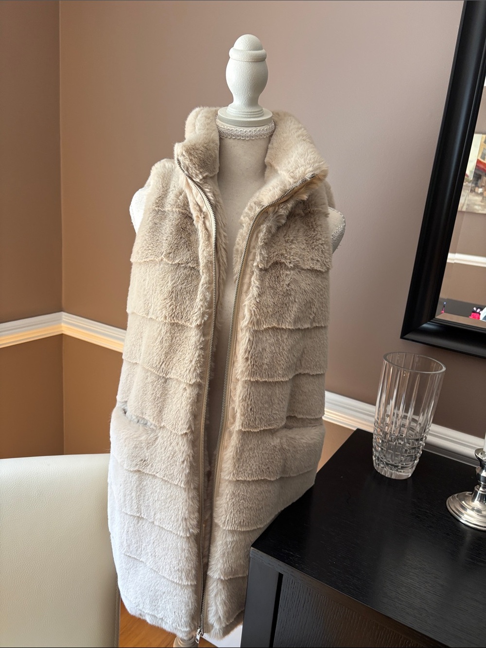 Fabulous Furs Cream Faux Fur Sleeveless Zip Vest